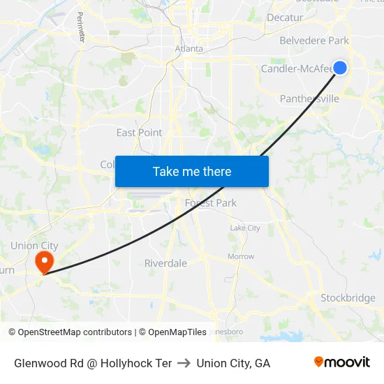 Glenwood Rd @ Hollyhock Ter to Union City, GA map