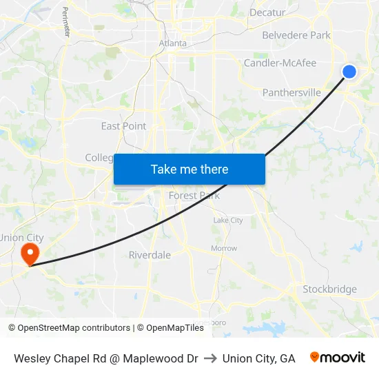 Wesley Chapel Rd @ Maplewood Dr to Union City, GA map