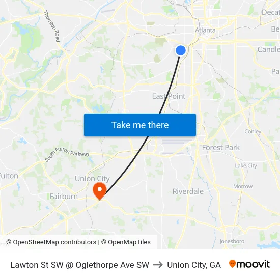 Lawton St SW @ Oglethorpe Ave SW to Union City, GA map