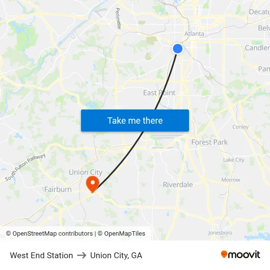 West End Station to Union City, GA map