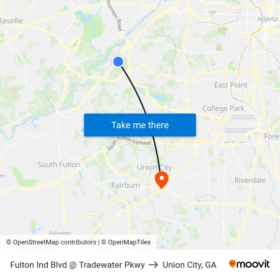Fulton Ind Blvd @ Tradewater Pkwy to Union City, GA map