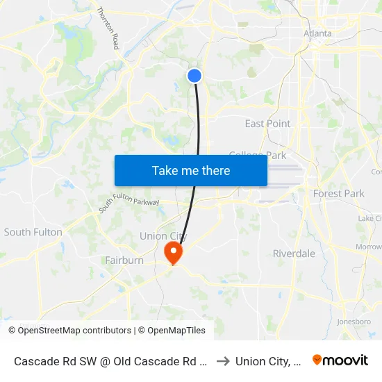 Cascade Rd SW @ Old Cascade Rd SW to Union City, GA map