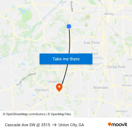 Cascade Ave SW @ 3515 to Union City, GA map