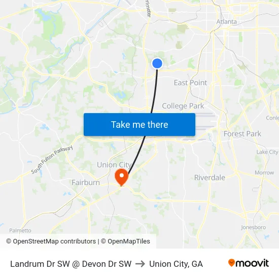 Landrum Dr SW @ Devon Dr SW to Union City, GA map