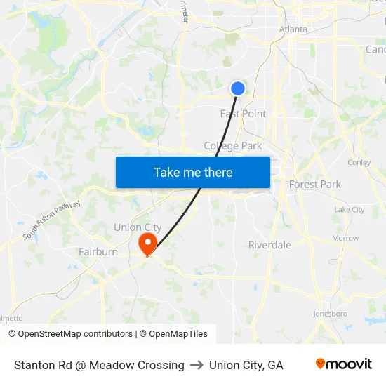 Stanton Rd @ Meadow Crossing to Union City, GA map