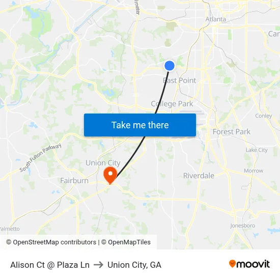 Alison Ct @ Plaza Ln to Union City, GA map