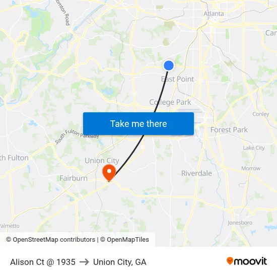 Alison Ct @ 1935 to Union City, GA map