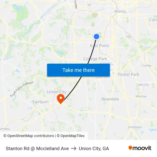 Stanton Rd @ Mcclelland Ave to Union City, GA map