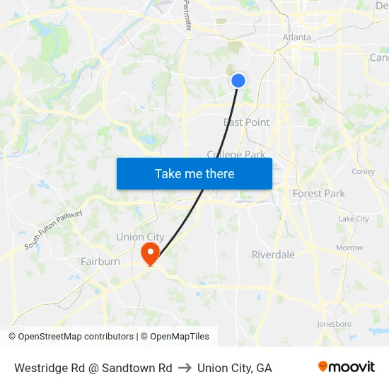 Westridge Rd @ Sandtown Rd to Union City, GA map