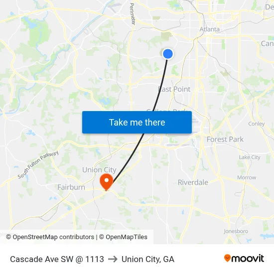 Cascade Ave SW @ 1113 to Union City, GA map