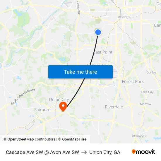 Cascade Ave SW @ Avon Ave SW to Union City, GA map
