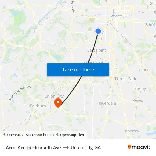 Avon Ave @ Elizabeth Ave to Union City, GA map