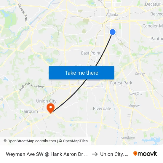 Weyman Ave SW @ Hank Aaron Dr SW to Union City, GA map