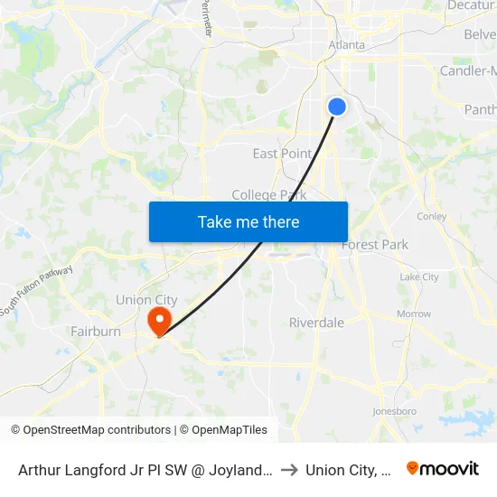 Arthur Langford Jr Pl SW @ Joyland Pl to Union City, GA map