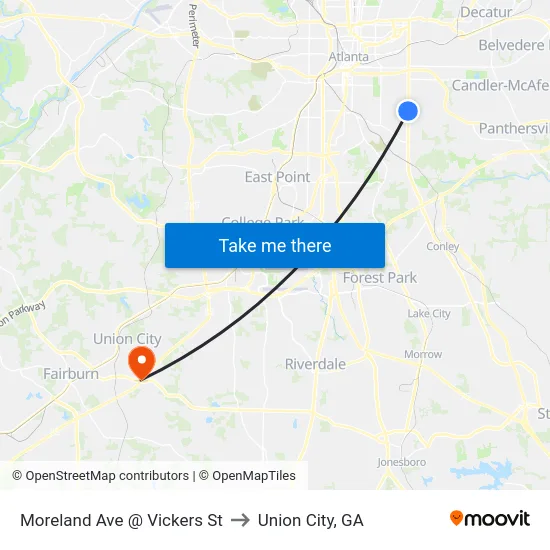 Moreland Ave @ Vickers St to Union City, GA map