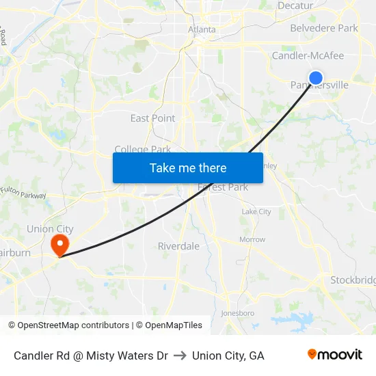 Candler Rd @ Misty Waters Dr to Union City, GA map