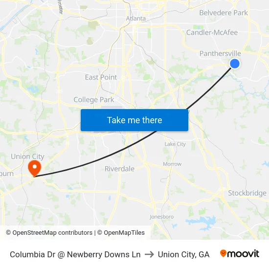 Columbia Dr @ Newberry Downs Ln to Union City, GA map