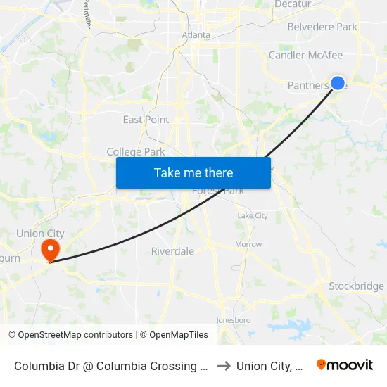 Columbia Dr @ Columbia Crossing Dr to Union City, GA map