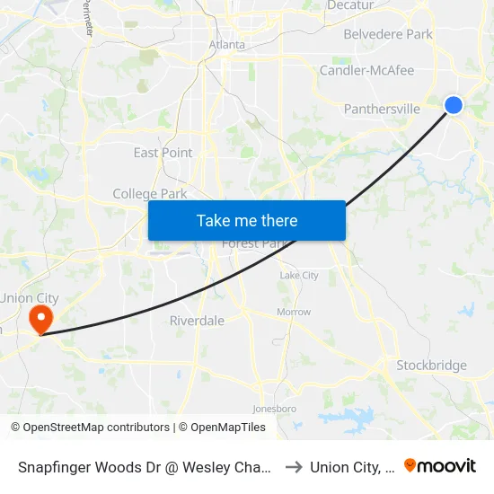 Snapfinger Woods Dr @ Wesley Chapel Rd to Union City, GA map