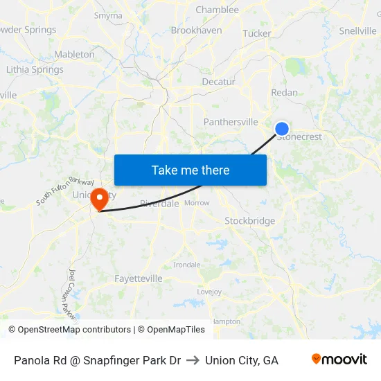 Panola Rd @ Snapfinger Park Dr to Union City, GA map