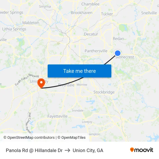Panola Rd @ Hillandale Dr to Union City, GA map