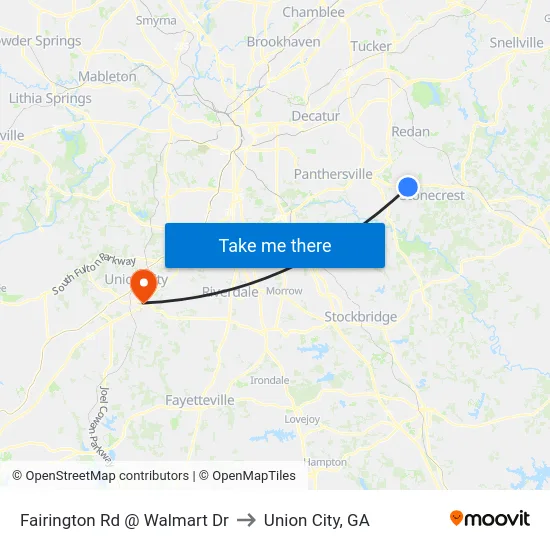 Fairington Rd @ Walmart Dr to Union City, GA map