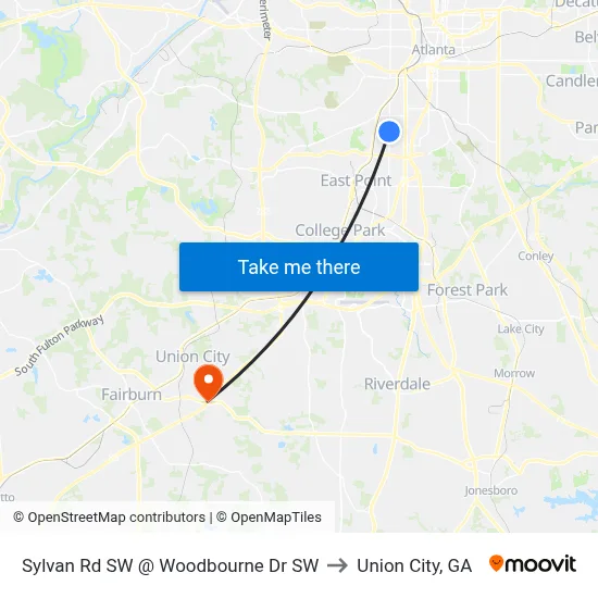 Sylvan Rd SW @ Woodbourne Dr SW to Union City, GA map