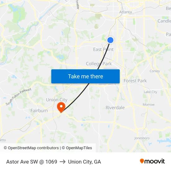 Astor Ave SW @ 1069 to Union City, GA map