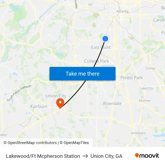 Lakewood/Ft Mcpherson Station to Union City, GA map