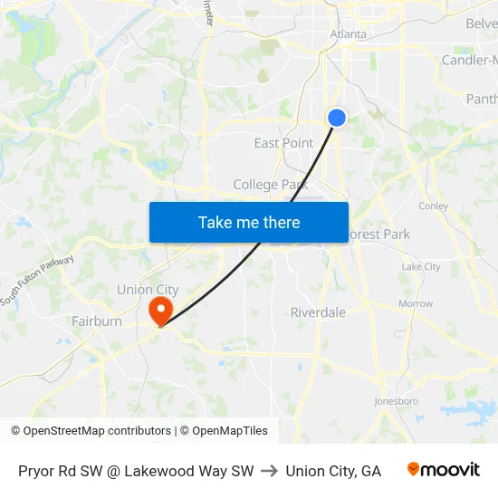Pryor Rd SW @ Lakewood Way SW to Union City, GA map