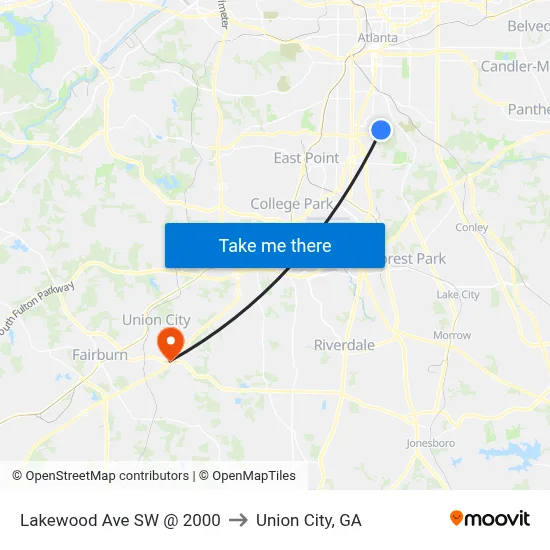 Lakewood Ave SW @ 2000 to Union City, GA map