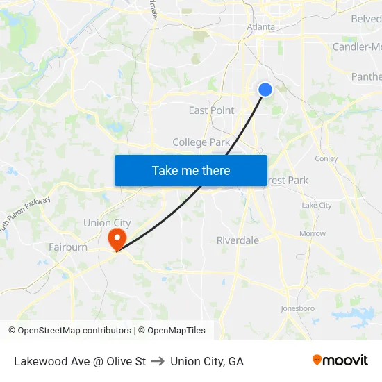 Lakewood Ave @ Olive St to Union City, GA map