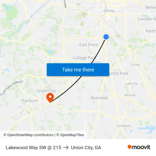 Lakewood Way SW @ 215 to Union City, GA map