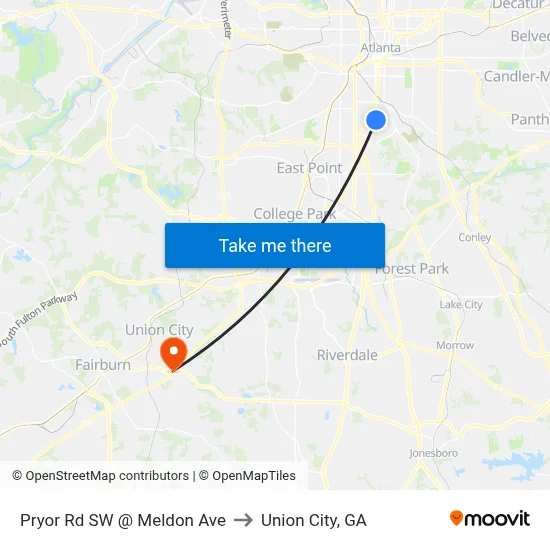 Pryor Rd SW @ Meldon Ave to Union City, GA map
