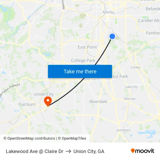 Lakewood Ave @ Claire Dr to Union City, GA map