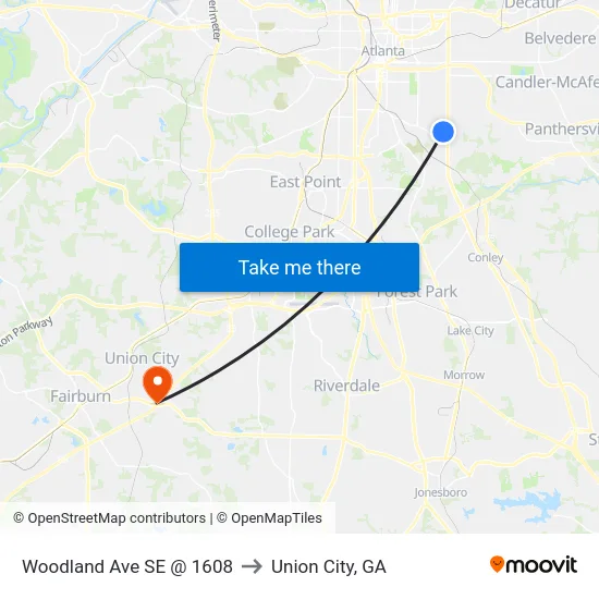 Woodland Ave SE @ 1608 to Union City, GA map