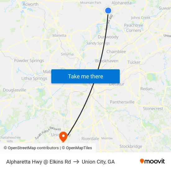 Alpharetta Hwy @ Elkins Rd to Union City, GA map