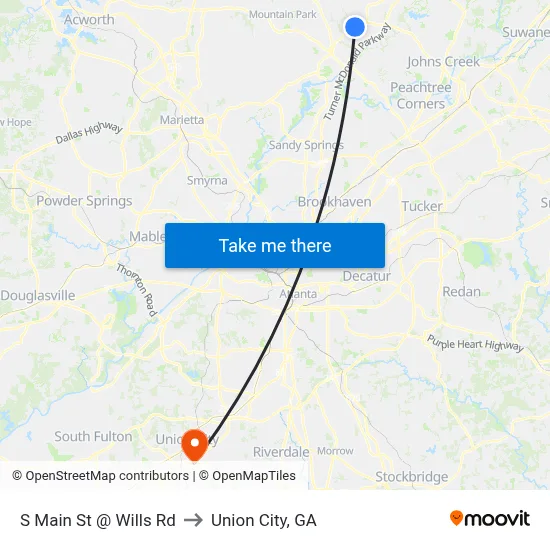 S Main St @ Wills Rd to Union City, GA map