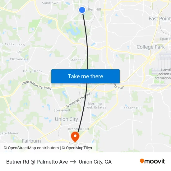 Butner Rd @ Palmetto Ave to Union City, GA map