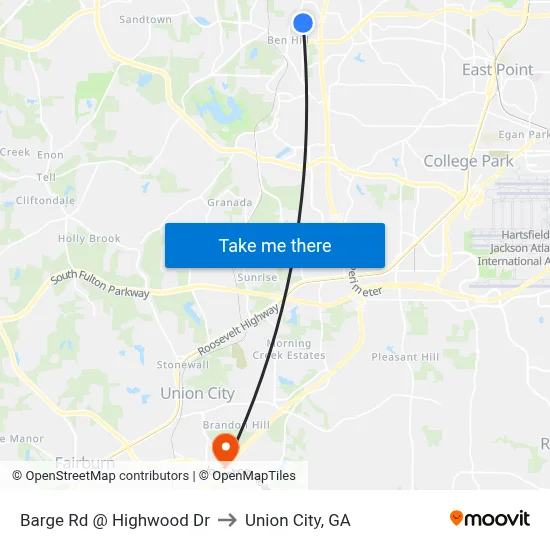 Barge Rd @ Highwood Dr to Union City, GA map