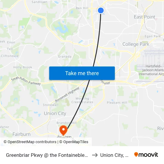 Greenbriar Pkwy @ the Fontainebleau to Union City, GA map