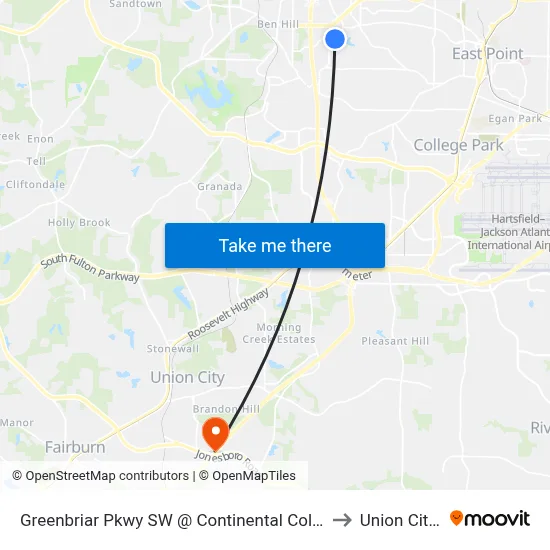 Greenbriar Pkwy SW @ Continental Colony Pkwy SW to Union City, GA map