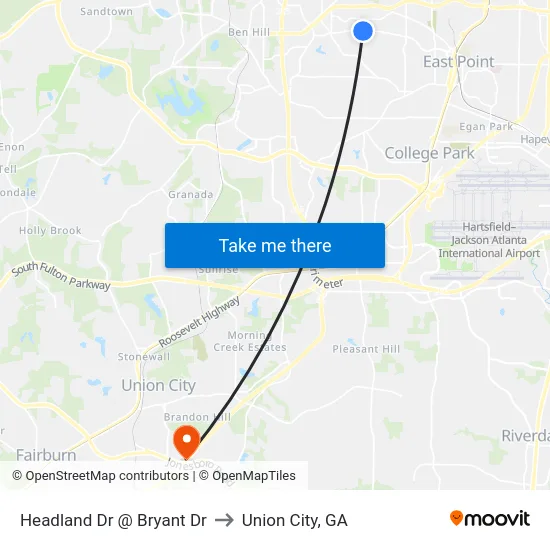 Headland Dr @ Bryant Dr to Union City, GA map