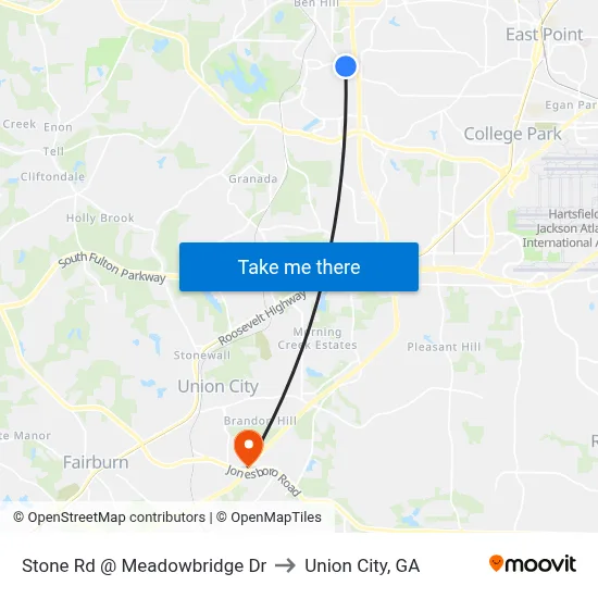Stone Rd @ Meadowbridge Dr to Union City, GA map