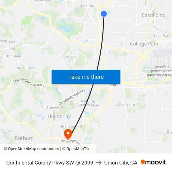 Continental Colony Pkwy SW @ 2999 to Union City, GA map
