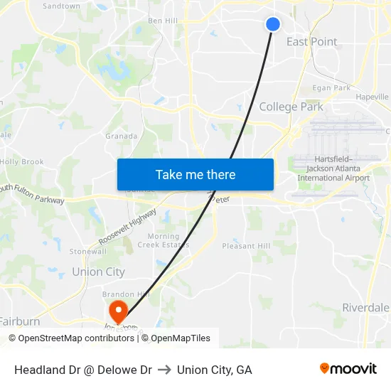 Headland Dr @ Delowe Dr to Union City, GA map