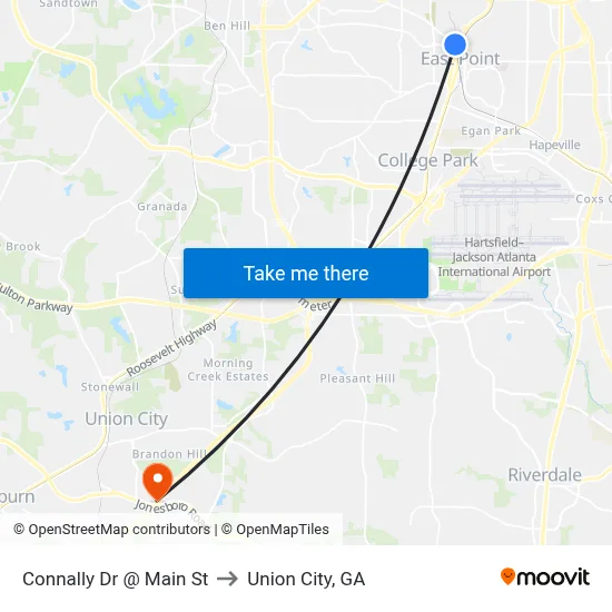 Connally Dr @ Main St to Union City, GA map