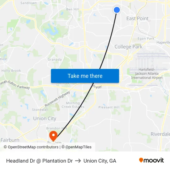 Headland Dr @ Plantation Dr to Union City, GA map