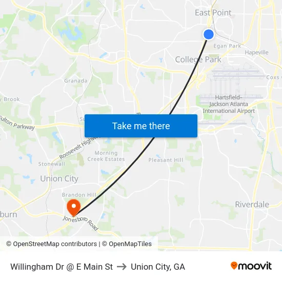 Willingham Dr @ E Main St to Union City, GA map