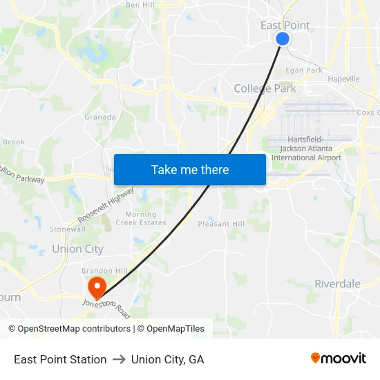 East Point Station to Union City, GA map